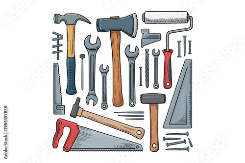 A vibrant collection of hand tools including hammers wrenches saws and measuring instruments arranged creatively on transparent background high-quality professional.