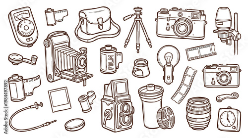 Vintage photography equipment collection illustration including cameras film reels light meter tripod and accessories for hobbyists and professionals