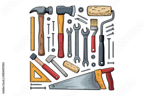 A vibrant collection of hand tools including hammers wrenches saws and measuring instruments arranged creatively on transparent background high-quality professional.