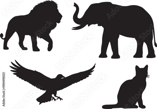 Silhouette of lion elephant bird of prey cat with silhouette elephant wildlife illustration