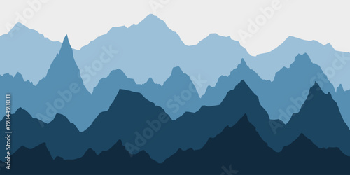 Mountain ridge silhouette with blue gradient fog creates stunning panoramic landscape vector illustration background. Perfect vector illustration for nature designs and scenic horizons.