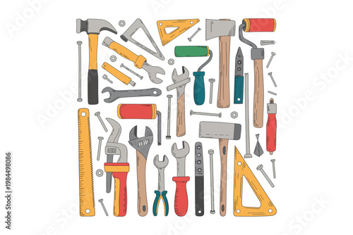 A vibrant collection of hand tools including hammers wrenches saws and measuring instruments arranged creatively on transparent background high-quality professional.