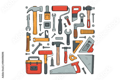 A vibrant collection of hand tools including hammers wrenches saws and measuring instruments arranged creatively on transparent background high-quality professional.