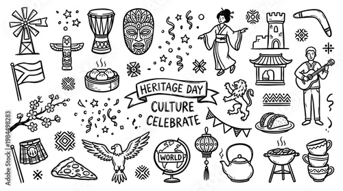 Diverse cultural heritage day celebration with global symbols and festive elements