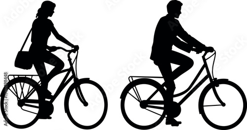 Couple cycling silhouettes of man and woman riding bicycles isolated on white background, urban lifestyle and eco transport concept