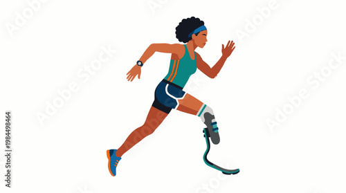 Dynamic illustration of a determined female athlete with a prosthetic leg running, symbolizing strength and inclusion