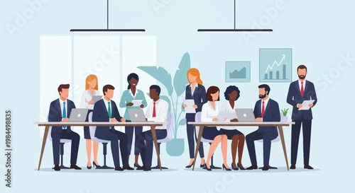 Vector illustration of a diverse group of multi-ethnic business professionals collaborating in a modern office workspace with laptops, documents, desks, and corporate wall charts.
