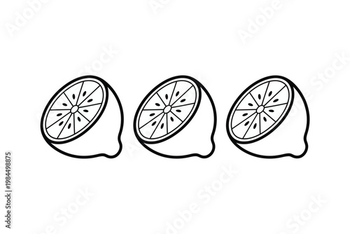 A simple black and white line drawing depicting three halves of a lemon with visible parts ideal for design projects on a transparent background.