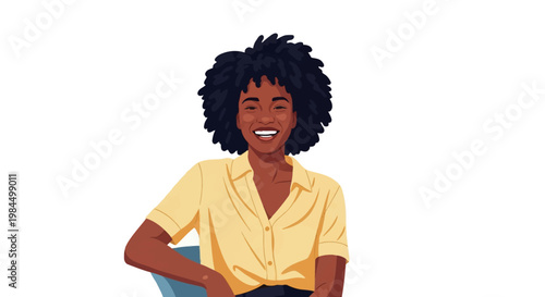 Vector illustration of a happy young African American woman with natural black afro hair wearing a yellow short-sleeved button-down shirt sitting on a chair against a white background.