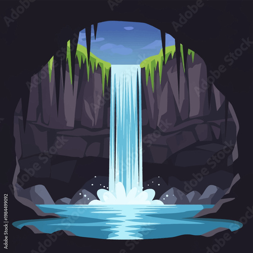 Vector illustration of a hidden waterfall cascading from a rocky opening into a dark cave pool with stalactites, green grass, and splashing water under a blue sky background.