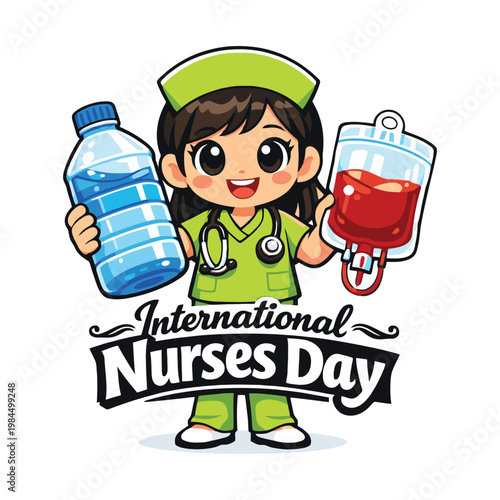 International Nurses Day illustration with cute nurse character holding medical tools, celebrating healthcare heroes with a friendly and professional style.