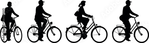 Urban commuter cycling silhouettes set with men and women riding bicycles isolated on white background, city transport and lifestyle concept