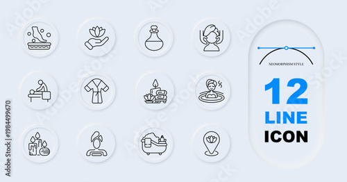 Spa wellness set icon. Line style icons display herbal bowl, lotus hand, oil bottle, face massage, body massage, robe clothing, candle stones, hot bath, spa candles, head towel, bathtub, lotus symbol