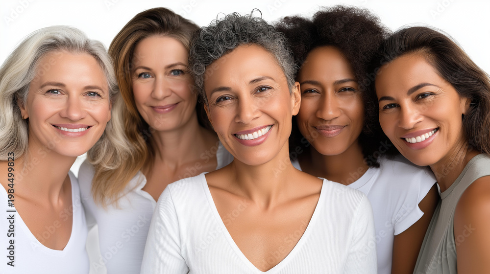 Fototapeta premium Group of women of various ethnicities with beautiful smiles on a white background, ethnic diversity and beauty concept, multicultural representation photography, with copy space