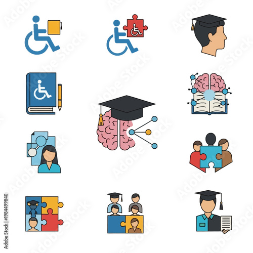 Vector icon set representing inclusive education and accessibility featuring symbols for wheelchair users, neurodiversity, special needs support, graduation, and teamwork.