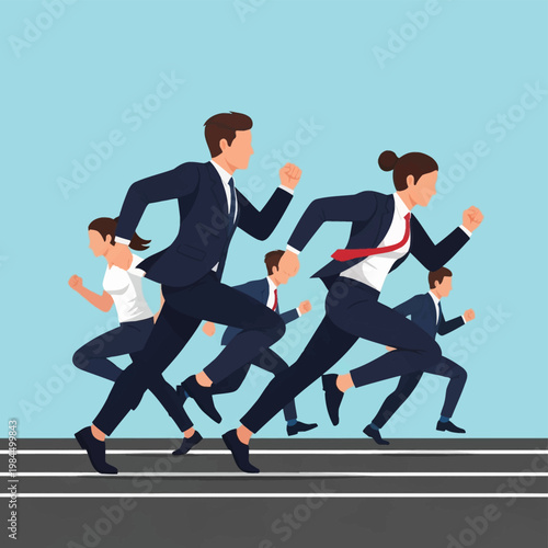 Professional business men and women in formal suits running on a black track against a blue background, illustrating corporate competition, career advancement, and fast-paced work.