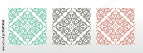 Wallpapers in the style of Baroque.. Set of colored floral ornaments. Seamless vector backgrounds Graphic patterns for fabric, wallpaper, packaging. Ornate Damask flower illustration