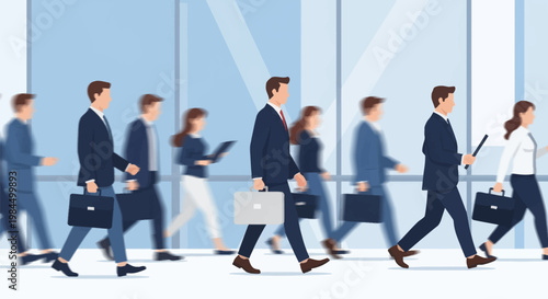 Flat vector illustration of business professionals in formal suits walking through a modern corporate office corridor with large glass windows, carrying briefcases and documents.