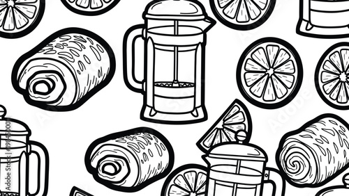 Black and white illustration of croissants lemons and coffee makers for baking and cooking designs  various pastries and fruit on white