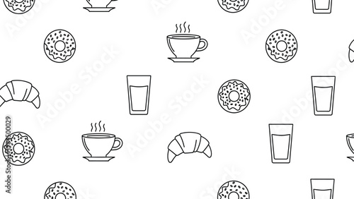 Black and white illustration of various breakfast items including donuts croissants and coffee cups on white background