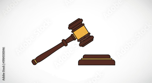 Vector illustration of a brown wooden judge gavel and sound block with gold accents on a white background, representing law, justice, court proceedings, and legal authority.