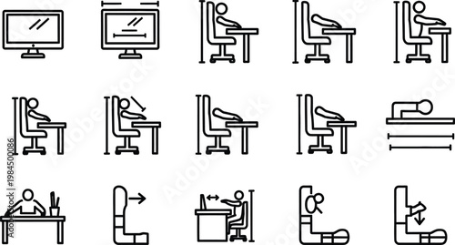 Black line icons of people sitting at desks in various bad postures with monitors and computers  office ergonomics and health risks