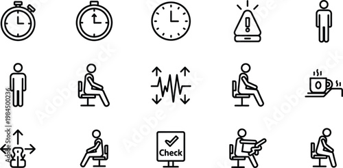 Line icons of office workers and time management  people sitting at desk with computer and coffee  clocks and warning signs