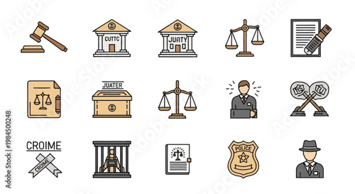 Law and justice icon set featuring a wooden gavel, courthouse buildings, scales of justice, legal documents, a judge, police badge, prisoner behind bars, and a detective vector icon.