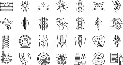 Set of black line icons illustrating human back pain and spine problems on white background