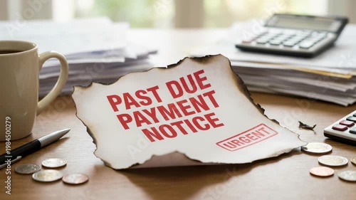 Past due payment notice urgent financial trouble risk debt collection letter, overdue bill paperwork on desk with coins calculator coffee burnt paper