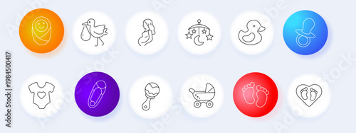 Baby care set icon. Swaddle stork mother mobile duck pacifier bodysuit pin rattle stroller feet heart line icons minimal outline style newborn childcare items collection.