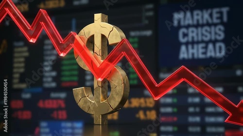 Falling chart and dollar symbol signal market crash on stock screen, financial crisis risk urgent trouble during economic downturn with red arrow