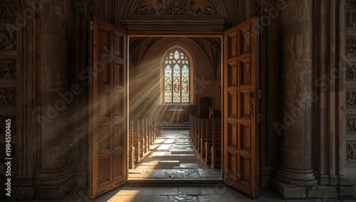 Sight of an ajar wooden church door.