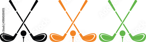 Three stylized golf clubs with different colored grips and balls