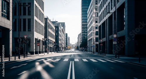 Empty city street with modern buildings.