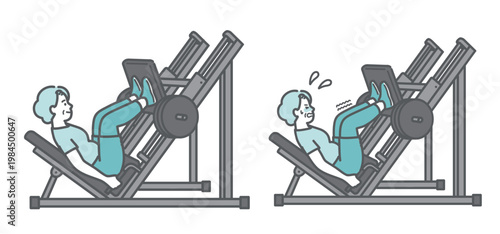 レッグプレスでトレーニングをするぽっちゃりシニア女性の比較セットイラスト