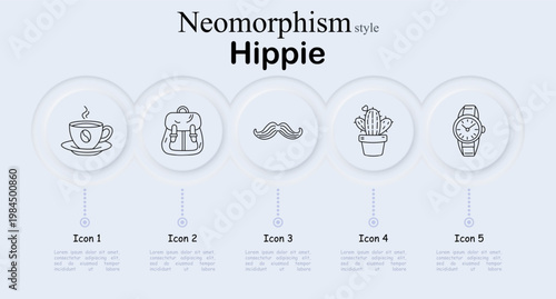 Hippie lifestyle set icon. Coffee cup, travel backpack, vintage mustache, cactus plant, wristwatch accessory, bohemian culture, retro fashion, freedom lifestyle, traveler spirit.