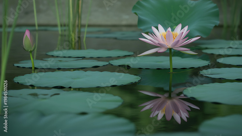 Serene pond scene with lotus flower