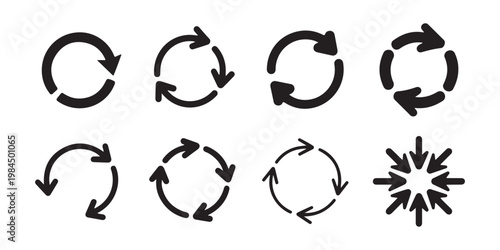 Minimal circular arrows for system loading icons and data synchronization process symbols in black flat style.