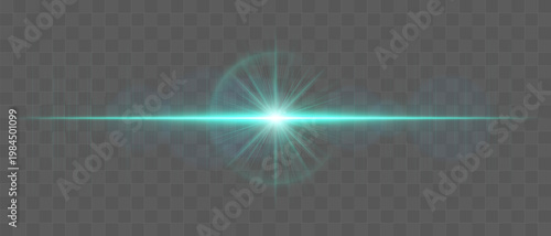 Abstract glowing energy burst with radiant light waves and horizontal beam, lens flare effect with soft diffusion and subtle particles on transparent background