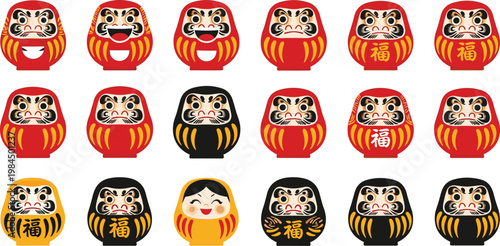 Set of Daruma Dolls in Various Poses and Colors for Japanese Culture, Tradition, and Good Luck Themes