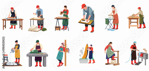 Flat vector illustration set of professional cleaners performing various stages of carpet and rug washing, scrubbing, and drying in a specialized workshop facility.