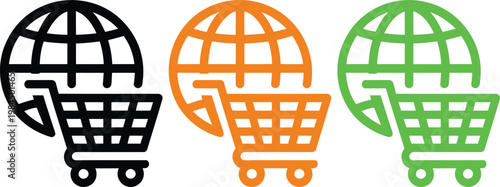 Three globes with shopping carts representing global e-commerce and online shopping