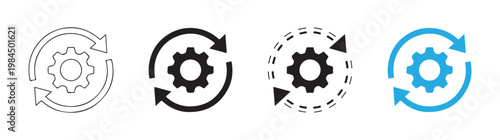 Process gear with circular arrows icon simple outline black and blue vector set.