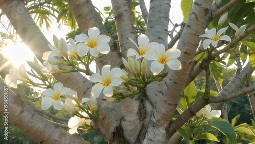 A Cluster of White Frangipani Flowers Blooming on a Tree Branch Bathed in the Gentle Glow of Sunlight Rays