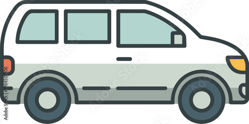 Vector illustration of a modern white minivan or passenger van icon in flat line art style isolated on a white background for transport concepts.