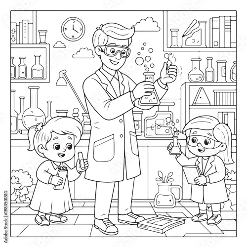 Science laboratory coloring page with chemist teacher and young students.