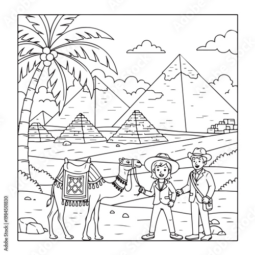 Egypt pyramids coloring page with desert explorers and camel.