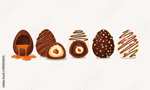 Assorted Gourmet Chocolate Easter Eggs Set with Hazelnut Cream Caramel Filling and Sprinkles Vector Illustration