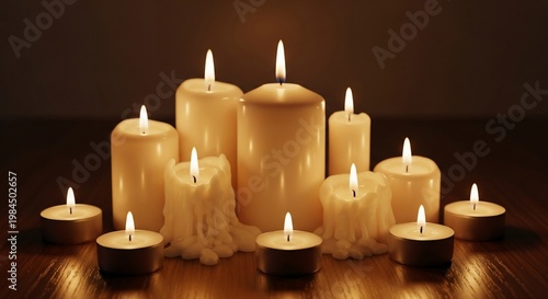 Group of lit candles on table.
